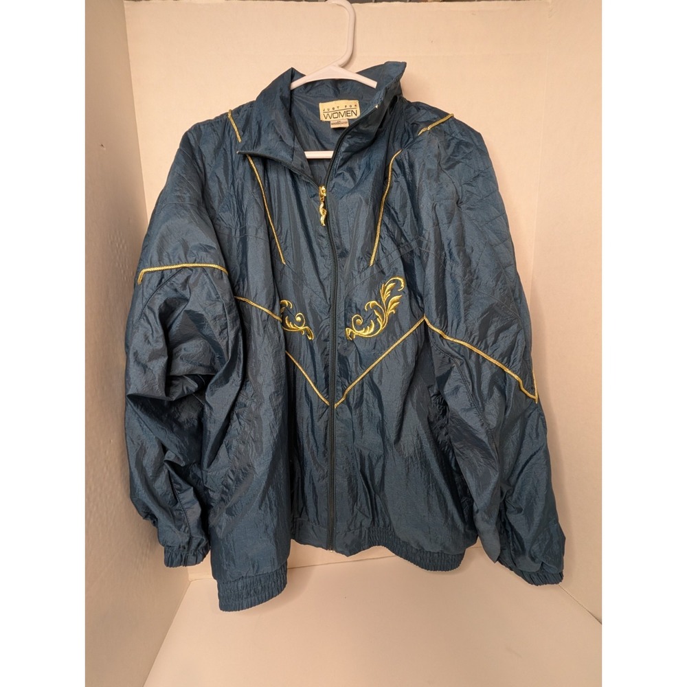 Vintage 90s Just For Women Windbreaker Jacket 2X Blue Gold Embroidered Nylon...